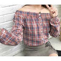 womens casualdaily simple spring shirt plaid boat neck long sleeve cot ...