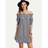 womens beach holiday cute loose dress solid houndstooth boat neck abov ...