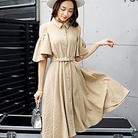 Women\'s Casual Simple Shirt Dress, Solid Shirt Collar Knee-length Half-Sleeve Brocade Summer High Rise Micro-elastic Thin