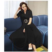 womens casual simple chiffon dress solid deep v knee length short slee ...