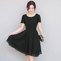 Women\'s Going out Simple Swing Dress, Solid Round Neck Knee-length Short Sleeve Polyester Summer Mid Rise Inelastic Thin
