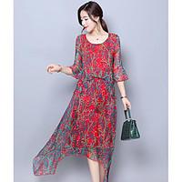 Women\'s Going out Cute Chiffon Dress, Floral Round Neck Maxi Short Sleeve Polyester Summer Mid Rise Inelastic Medium