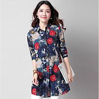 Women\'s Other Daily Vintage Spring Summer Shirt, Floral Shirt Collar Long Sleeve Cotton Linen Medium