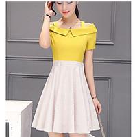 Women\'s Daily Skater Dress, Solid Strap Mini Sleeveless Polyester Summer High Rise Micro-elastic Medium
