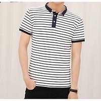 Women\'s Casual/Daily Simple T-shirt, Striped Shirt Collar Short Sleeve Cotton Thin