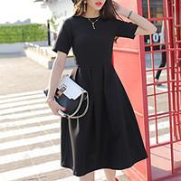 Women\'s Going out Vintage Little Black Dress, Solid Round Neck Knee-length Short Sleeve Cotton Summer Mid Rise Inelastic Medium