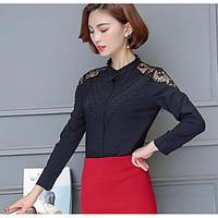 womens going out simple shirt solid standing collar long sleeve polyes ...