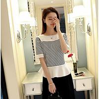 Women\'s Casual Simple Summer T-shirt, Striped Round Neck Short Sleeve Cotton