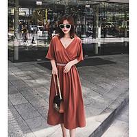 Women\'s Going out Casual/Daily A Line Dress, Solid V Neck Midi ½ Length Sleeve Chiffon Summer High Rise Inelastic Thin