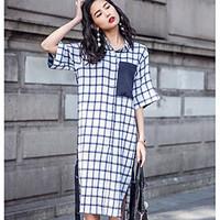 Women\'s Going out Casual/Daily Shift Dress, Houndstooth Shirt Collar Midi Short Sleeve Cotton Summer Mid Rise Micro-elastic Thin