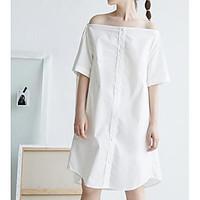 Women\'s Going out Casual/Daily Loose Dress, Solid Boat Neck Above Knee Short Sleeve Cotton Summer Mid Rise Inelastic Medium