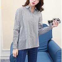 Women\'s Casual/Daily Simple Shirt, Solid Striped Shirt Collar Long Sleeve Linen