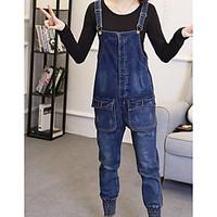 Women\'s Low Rise Inelastic Jeans Overalls Pants, Simple Loose Pleated Solid Print