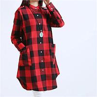 womens casualdaily simple shirt check stand long sleeve cotton