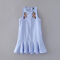 Women\'s Casual/Daily Loose Dress, Solid Embroidered Round Neck Above Knee Sleeveless Polyester Summer Mid Rise Micro-elastic Thin