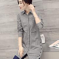 Women\'s Daily Casual Simple Summer Shirt, Plaid/Check Shirt Collar Long Sleeve Brocade Thin