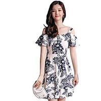 Women\'s Birthday Daily Casual A Line Dress, Floral Boat Neck Above Knee Short Sleeve Cotton Blend Summer Mid Rise Micro-elastic Medium