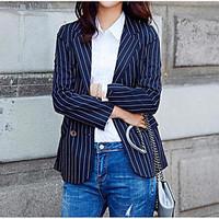 Women\'s Casual/Daily Simple Spring Blazer, Striped Notch Lapel Long Sleeve Long Polyester