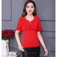 Women\'s Casual/Daily Simple Blouse, Solid Round Neck Short Sleeve Polyester