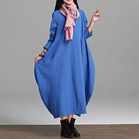 Women\'s Casual/Daily Simple Loose Dress, Solid Round Neck Maxi Long Sleeve Cotton Linen Summer Mid Rise Micro-elastic Thin