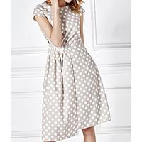 Women\'s Casual/Daily Loose Dress, Polka Dot Round Neck Knee-length Short Sleeve Cotton Spring Mid Rise Micro-elastic Medium