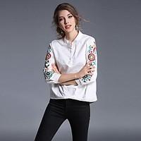 Women\'s EmbroideryFlare Sleeve Casual/Daily Work Simple Spring Shirt, Print Stand Long Sleeve White Cotton Thin