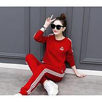 Women\'s Casual/Daily Sports Simple Active Spring Fall Hoodie Pant Suits, Solid Striped Round Neck Long Sleeve Micro-elastic