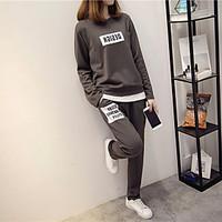 Women\'s Casual/Daily Holiday Simple Active Spring Fall Hoodie Pant Suits, Solid Striped Round Neck Long Sleeve Micro-elastic