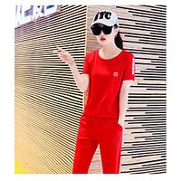 Women\'s Casual/Daily Simple Fall Hoodie Pant Suits, Solid Round Neck Short Sleeve Micro-elastic