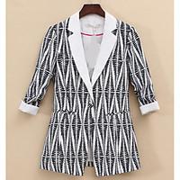 Women\'s Casual/Daily Simple Spring Blazer, Print Notch Lapel Long Sleeve Regular Polyester