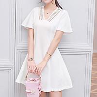 Women\'s Casual/Daily Simple Sheath Dress, Solid V Neck Midi Short Sleeve Cotton Summer Fall Mid Rise Micro-elastic Medium