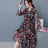 Women\'s Casual/Daily Sheath Dress, Print V Neck Midi ¾ Sleeve Silk Summer Fall Mid Rise Inelastic Thin