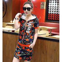 Women\'s Casual/Daily Sports Active Summer T-shirt Skirt Suits, Camouflage Hooded Short Sleeve