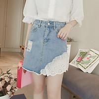 womens high waist above knee skirts street chic a line lace denim hole ...