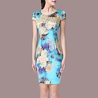 Women\'s Plus Size Going out Vintage Sheath Dress, Floral Round Neck Above Knee Short Sleeve Nylon Summer Mid Rise Micro-elastic Medium