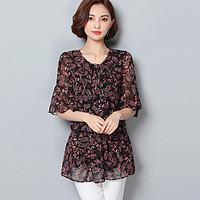 Women\'s Casual/Daily Simple All Seasons Shirt, Plaid V Neck Long Sleeve Red Cotton / Polyester Thin