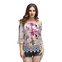 Women\'s Casual/Daily Beach Holiday Simple Cute Summer Blouse, Floral Off Shoulder ½ Length Sleeve Polyester Sheer