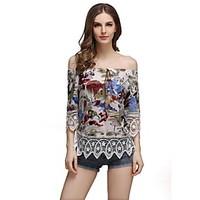 Women\'s Casual/Daily Beach Holiday Simple Cute Summer Blouse, Floral Off Shoulder ½ Length Sleeve Polyester Sheer