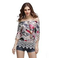 Women\'s Casual/Daily Beach Holiday Simple Cute Summer Blouse, Floral Off Shoulder ½ Length Sleeve Polyester Sheer