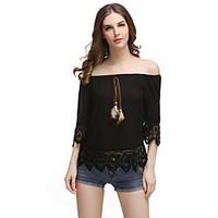 Women\'s Casual/Daily Beach Holiday Simple Cute Summer Blouse, Solid Off Shoulder ½ Length Sleeve Polyester Sheer