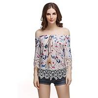 Women\'s Casual/Daily Beach Holiday Simple Cute Summer Blouse, Floral Off Shoulder ½ Length Sleeve Polyester Sheer