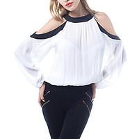Women\'s Going out Casual/Daily Club Sexy Simple Street chic Off-the-shoulder Slim Spring Fall T-shirtColor Block Round Neck Long Sleeve Medium