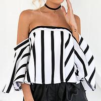 Women\'s Casual/Daily Club Holiday Sexy Simple Street chic Backless Hin Thin Spring Summer T-shirtStriped Boat Neck Short Flare Sleeve Medium