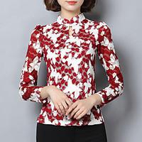 Women\'s Casual/Daily Vintage Fall T-shirt, Floral Stand Long Sleeve Blue / Red Polyester Medium