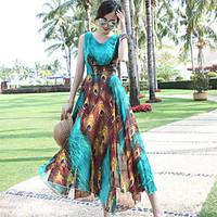 Women\'s Casual/Daily Beach Simple Boho Swing Dress, Print V Neck Midi Sleeveless Polyester Summer Mid Rise Inelastic Thin