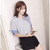 womens casualdaily simple summer shirt striped v neck short sleeve pol ...