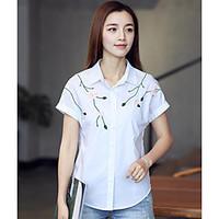 Women\'s Casual/Daily Simple Spring Summer Shirt, Solid Embroidered Shirt Collar Short Sleeve Cotton Thin