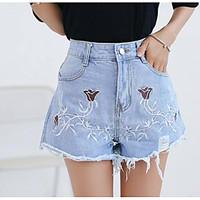 Women\'s High Rise Micro-elastic Jeans Shorts Pants, Simple Wide Leg Print