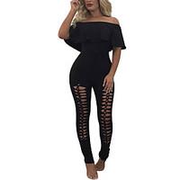 Women\'s High Rise Party Casual/Daily Club Jumpsuits, Sexy Simple Street chic Skinny Ruffle Holiday Ripped Fashion Solid Color Spring Summer