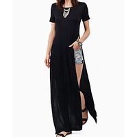 womens going out sexy swing dress solid round neck maxi short sleeve c ...